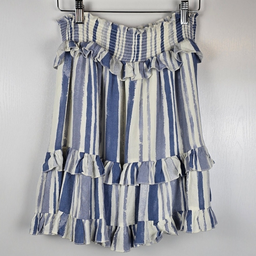 Doe & Rae Blue and White Ruffle Mini Skirt Women's Medium - Picture 2 of 6